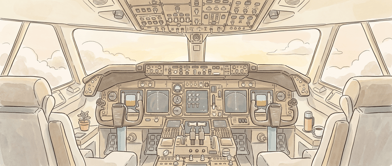 Illustration of a 747 cockpit interior filled with hundreds of switches and dials — intuitive to a trained pilot, a wall of confusion to everyone else