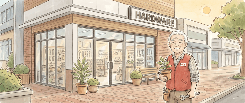 Illustration of a cheerful older man in a red Ace Hardware vest holding a potted plant outside a hardware store — the kind of place where someone knows where everything is