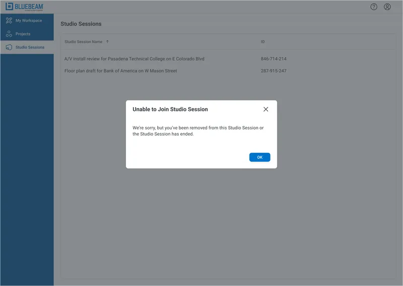 Bluebeam Cloud dialog showing 'Unable to Join Studio Session' error when a user has been removed or the session has ended