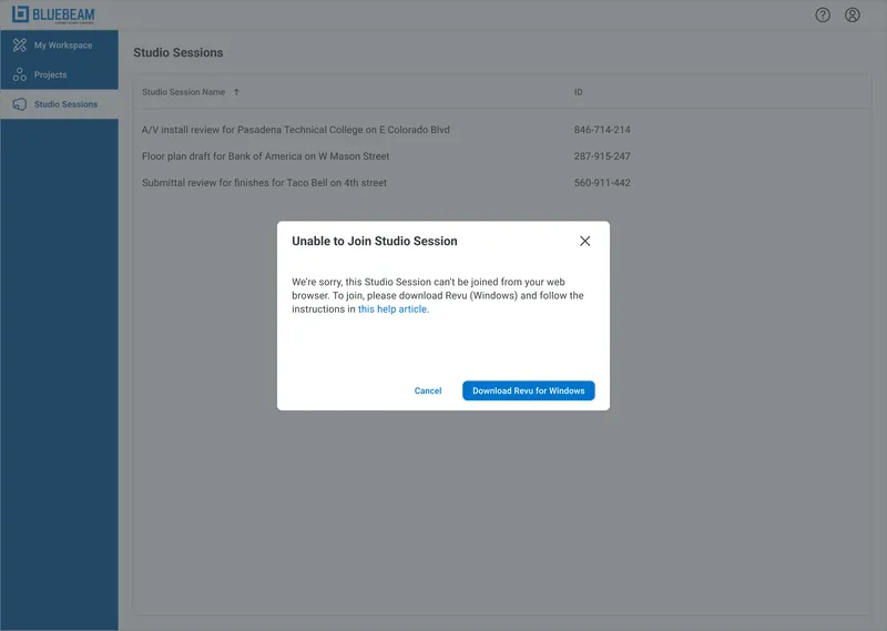 Bluebeam Cloud dialog showing 'Unable to Join Studio Session' error when a session is too large for the web client, with option to download Revu for Windows