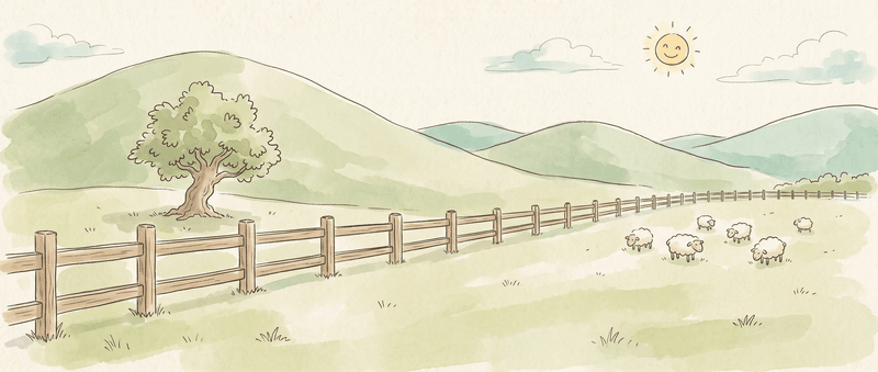 Watercolor-style doodle of a pastoral farm scene — a wooden fence line extending into rolling hills, sheep grazing in the field, a lone oak tree, and a smiling sun overhead