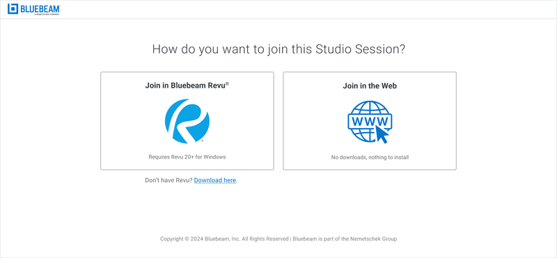 New Studio Session landing page with clear choice: Join in Bluebeam Revu or Join in the Web