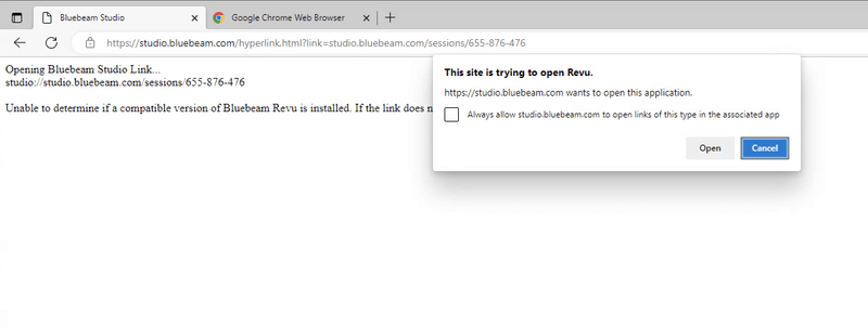 Old Studio Session landing page showing a blank page with cryptic text and an OS popup asking to open Bluebeam Revu