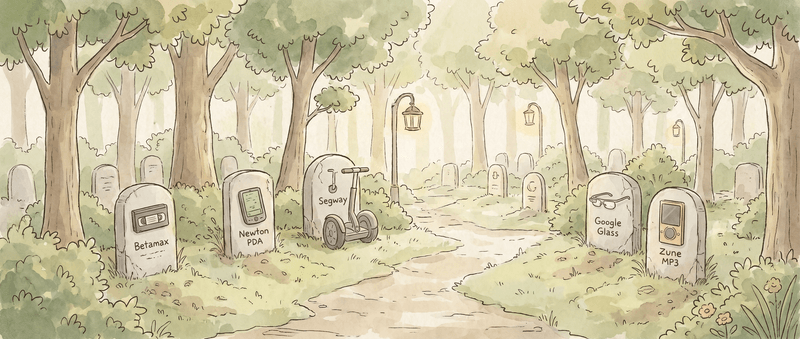 Illustrated graveyard with headstones for Betamax, Newton PDA, Segway, Google Glass, and Zune — products that were too early for their time