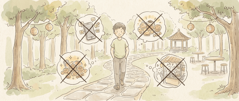Illustration of a person walking a park path with crossed-out thought bubbles around them — representing the discipline of saying no to distractions to stay focused on what matters